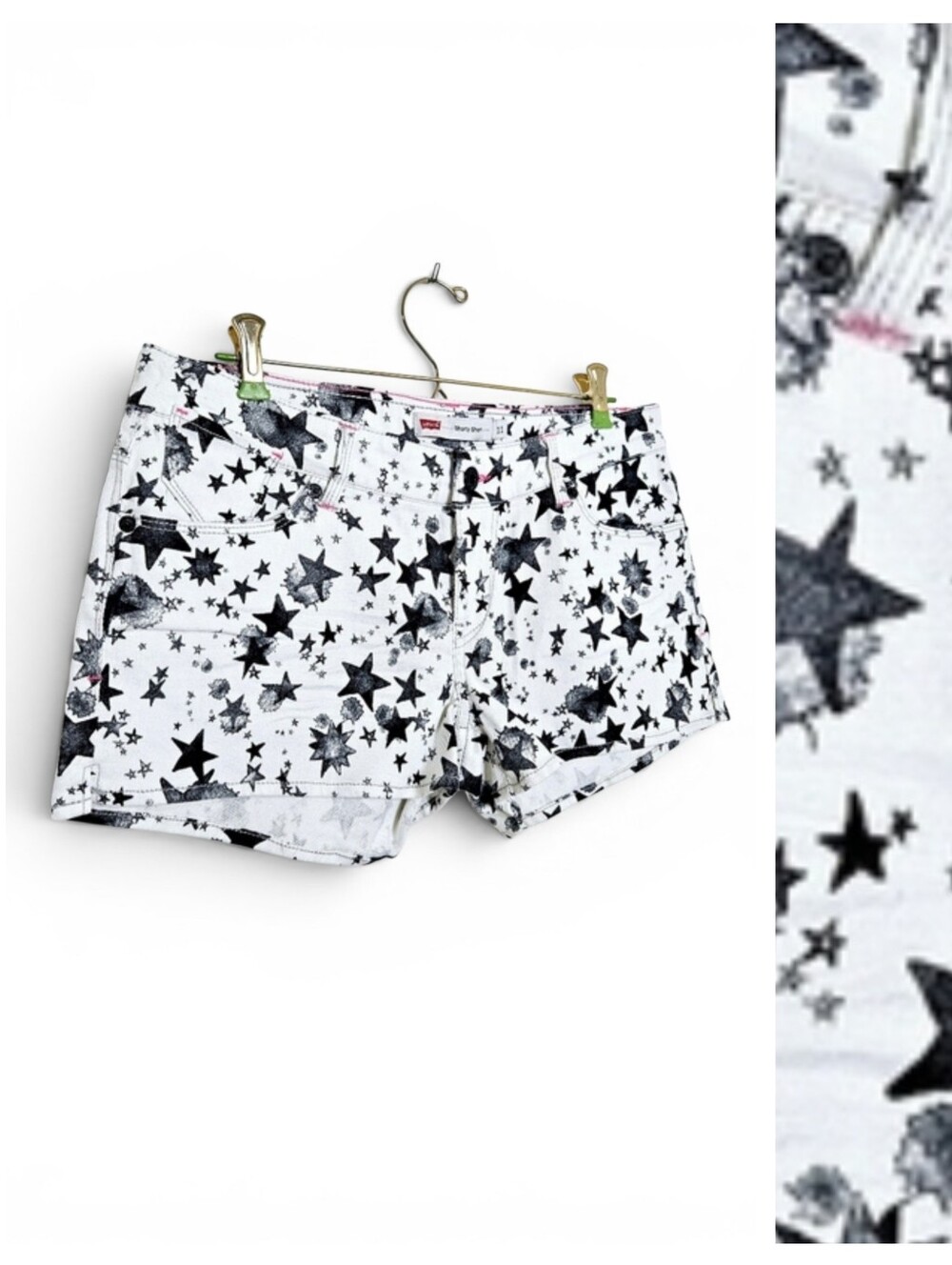 Levi’s White Denim Shorty Shorts Womens Size 11 Black Stars Neon Pink Festival